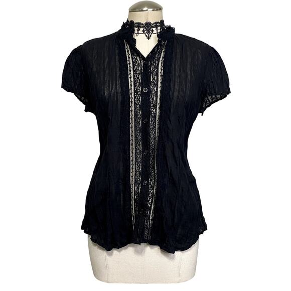 Gothic Vampire Victorian Button Down Lace Semi Sheer Blouse - Picture 1 of 12